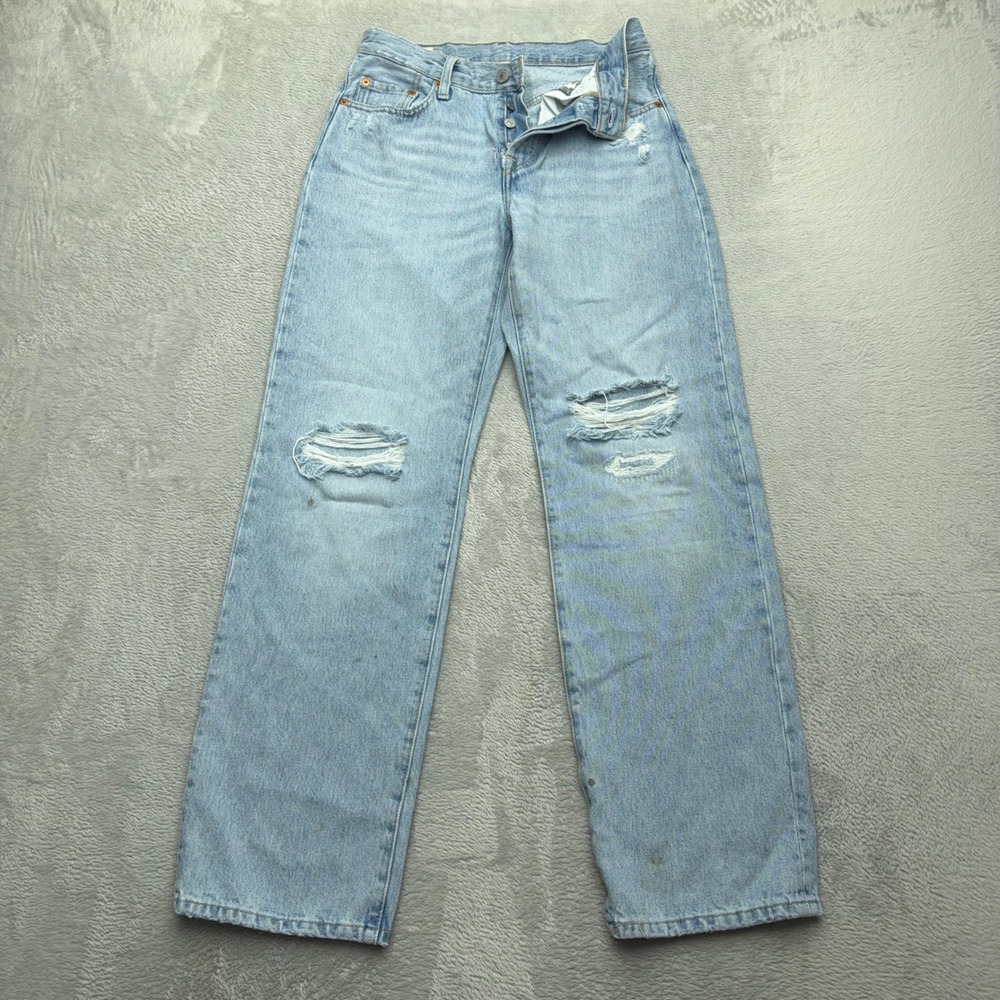 Levis Jeans Womens 25 Light Blue Ribcage Straight Distressed High Rise Denim